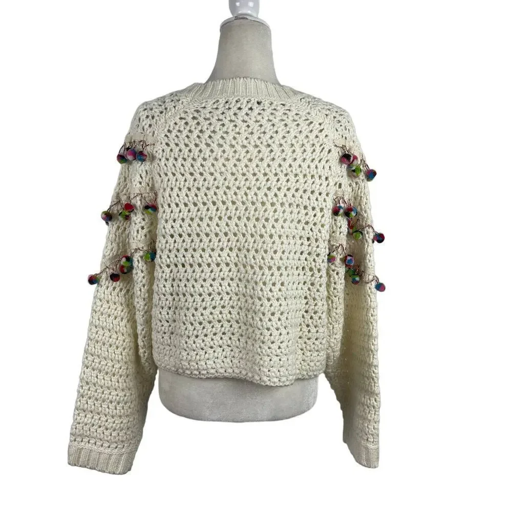 Zara Knit Chunky Pom Pom Oversized Jumper Sweater Size Small Cream
